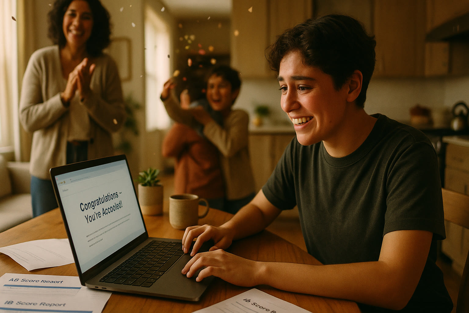 Photo Idea : A joyful college-acceptance scene: student opening an acceptance letter on a laptop, AP and IB score reports on the table, with family celebrating — natural, candid emotion.