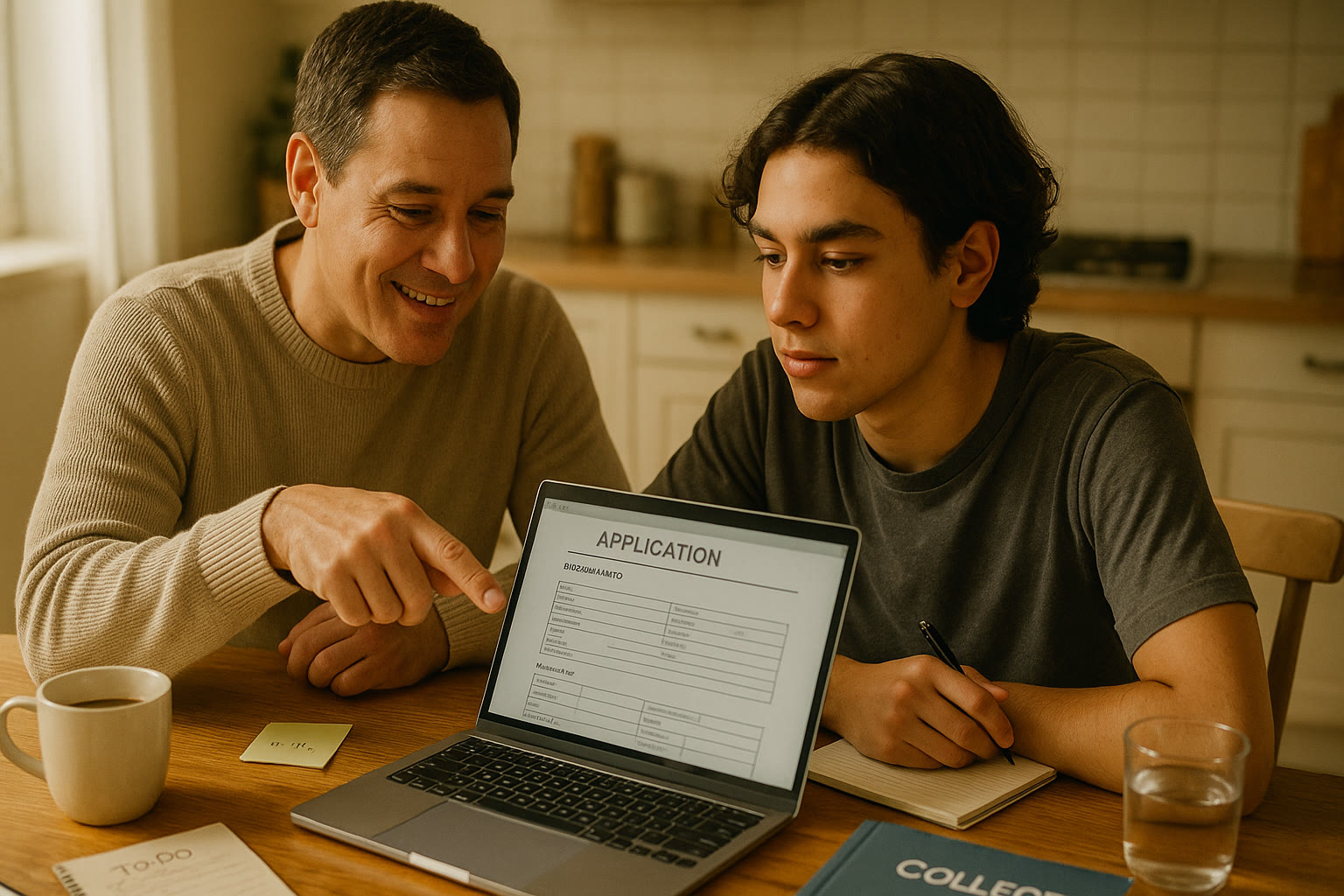 Photo Idea : A warm, candid photo of a parent and teenager at a kitchen table, looking over a laptop with college application pages open and notepads around.