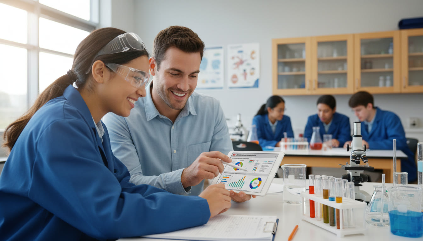 Photo Idea : A bright, modern high school lab with a student and a tutor examining data on a tablet — conveys one-on-one coaching and hands-on investigation.