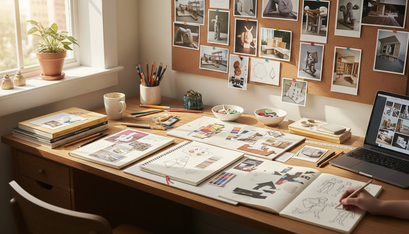 Photo Idea : A student workspace with sketchbooks open, swatches, and photos documenting work-in-progress laid out — illustrating iteration and process.