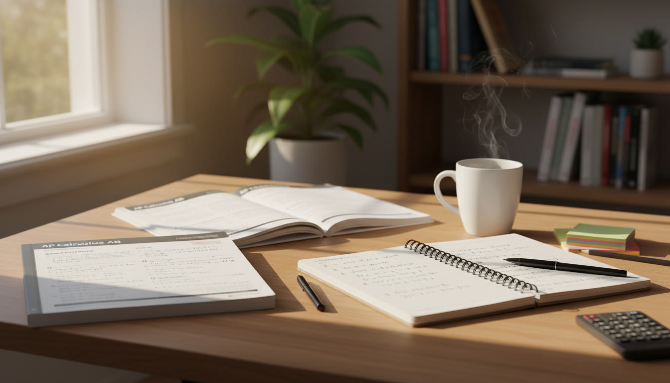 Photo Idea : A quiet study desk in natural light with open AP Calculus and AP Precalculus workbooks, a notebook with neat numbered steps, and a cup of coffee—conveys focused, methodical reasoning in a real-world study space.