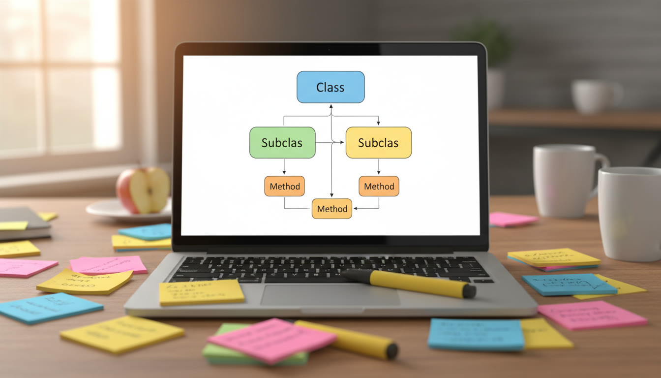 Photo Idea : A front-facing laptop screen showing a neat Java class diagram with colorful boxes labeled Class, Subclass, Method — surrounded by sticky notes and a highlighter to convey active learning.