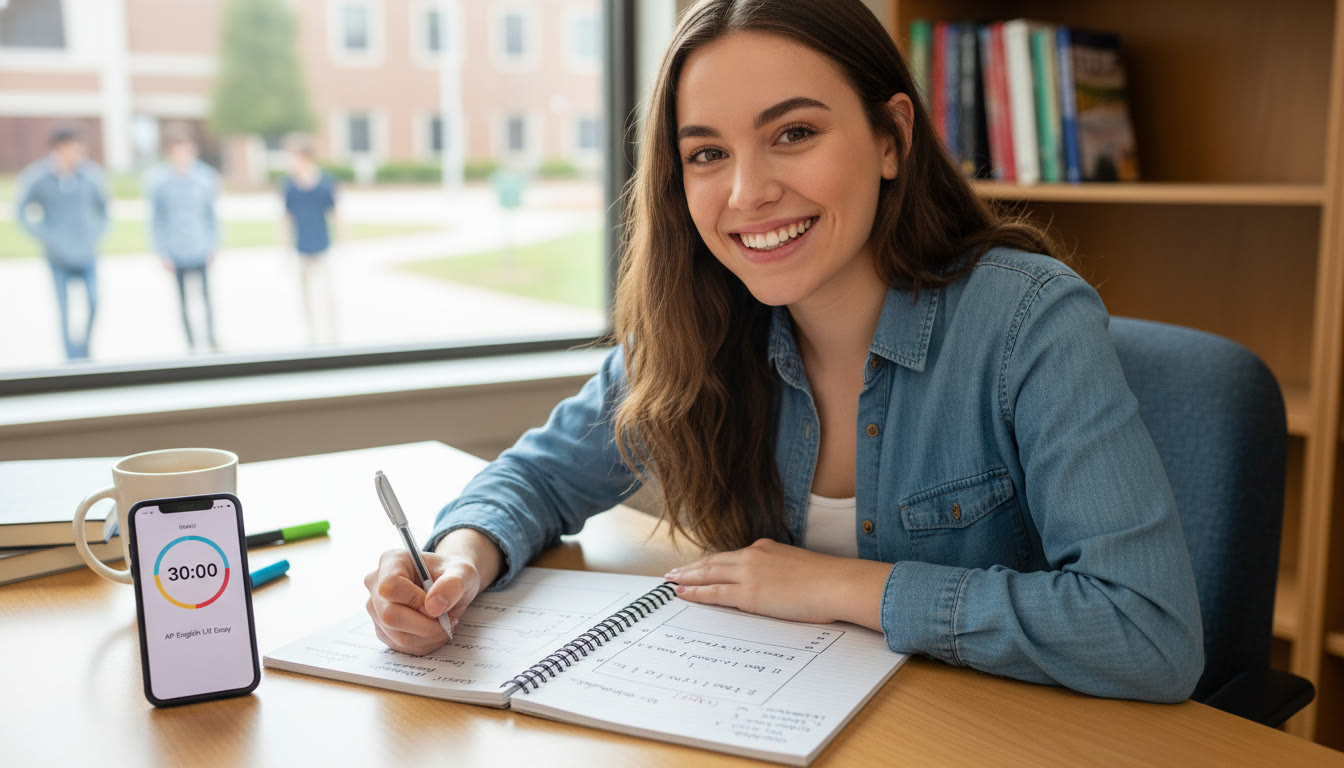 Photo Idea : A student at a desk mid-essay with a visible outline on paper, timer on the phone, and notes on page margins — conveys the planning before writing step.