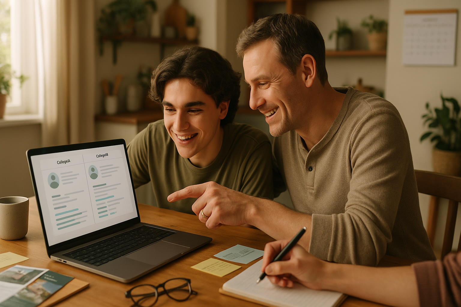 Photo Idea : A student and parent leaning over a laptop, eyes bright, comparing college profiles side‑by‑side. Natural lighting, relaxed kitchen or study room scene.