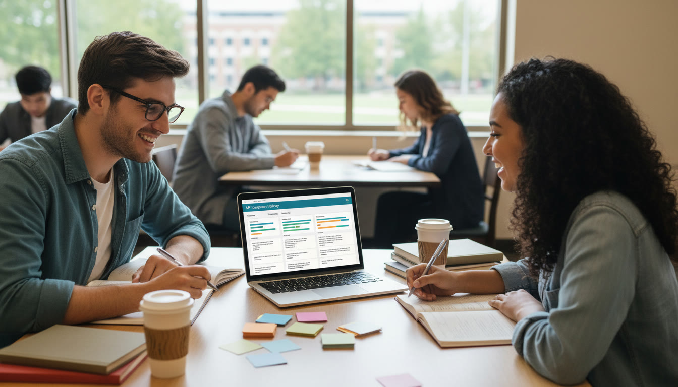 Photo Idea : A tutor and student at a table reviewing index cards and a laptop with a spaced-repetition dashboard visible. The scene should feel collaborative and focused, showing the human + tech angle.