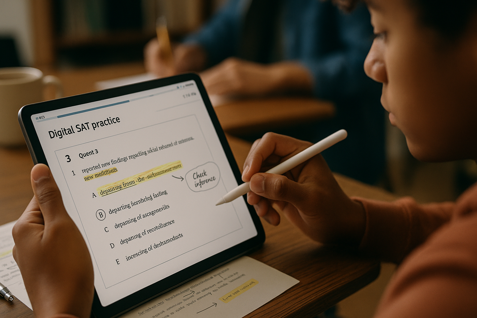 Photo Idea : A close-up of a student taking a practice Digital SAT on a tablet, with annotations and a tutor’s notes visible, capturing the focus and digital format.