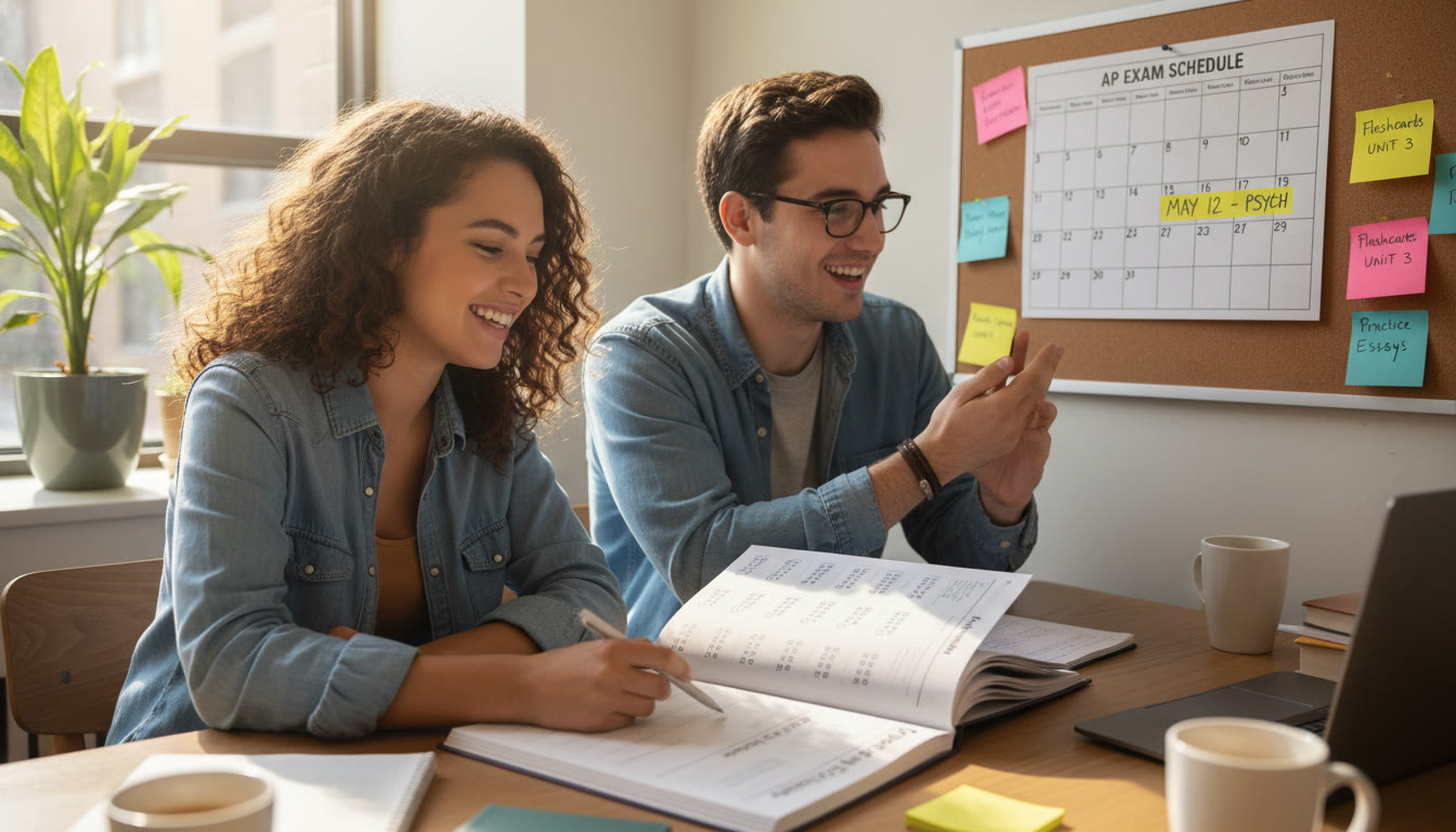 Photo Idea : A student and a tutor reviewing a practice exam together, pointing at a schedule—illustrates personalized support and constructive rehearsal.
