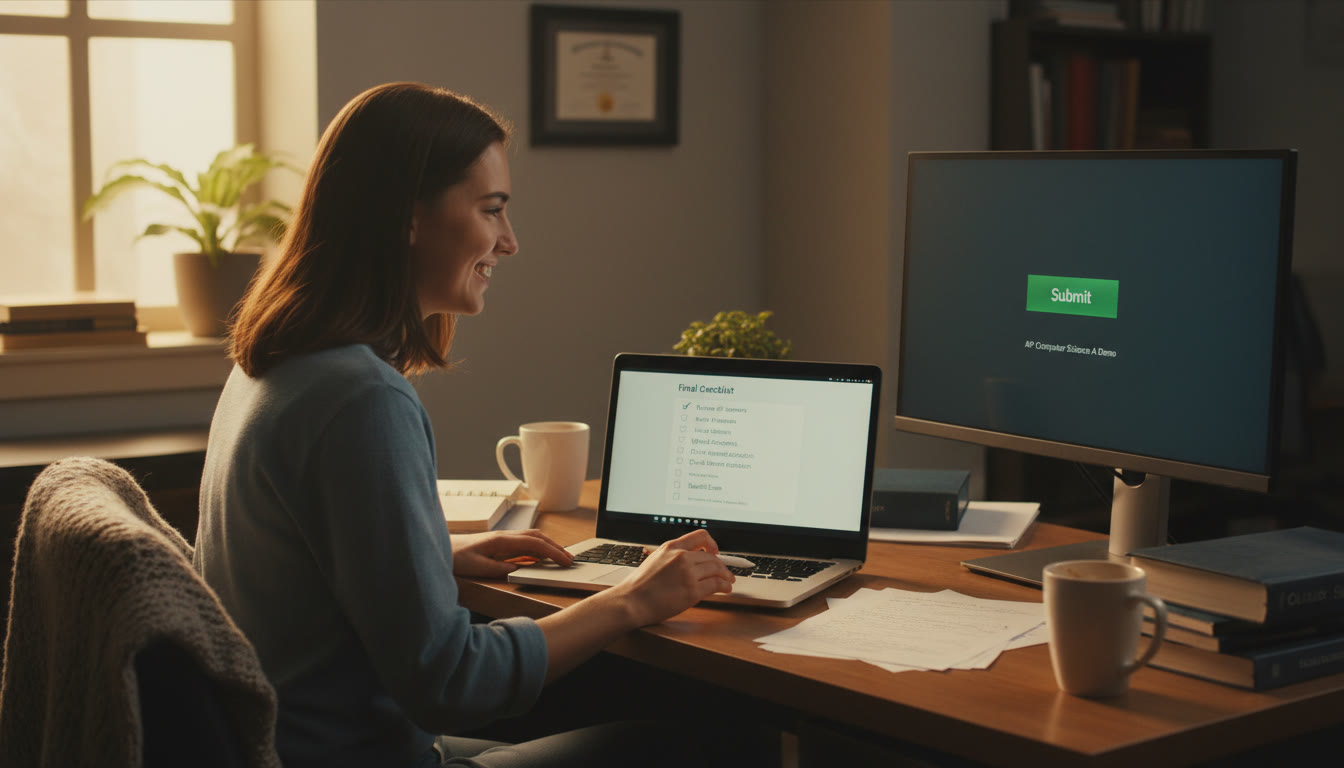 Photo Idea : A student reviewing a final checklist on a laptop with a second screen showing the recorded demo — visualizing the last-minute submit routine and the calm after preparations.