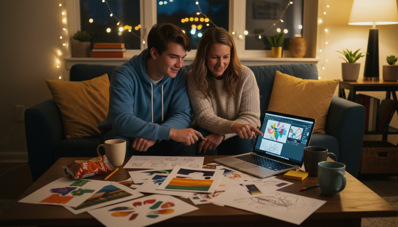 Photo Idea : A relaxed nighttime scene of a parent and student reviewing a laptop screen together with printed art laid out on a table — conveys teamwork and final review before submission.