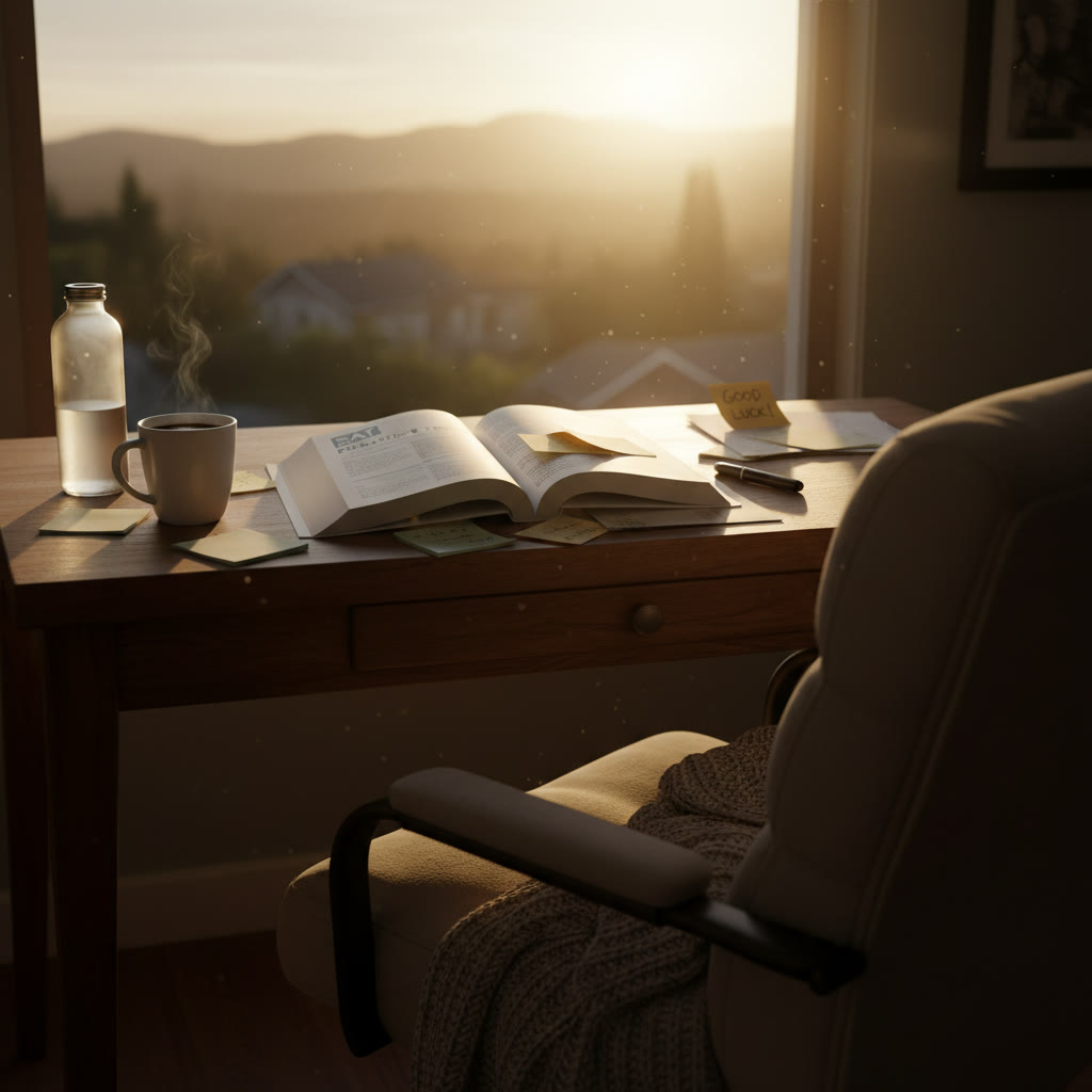 Photo idea: A quiet study desk at sunrise with an open SAT practice test, a small cup of coffee, a water bottle, and notes — illustrates a calm, morning routine.