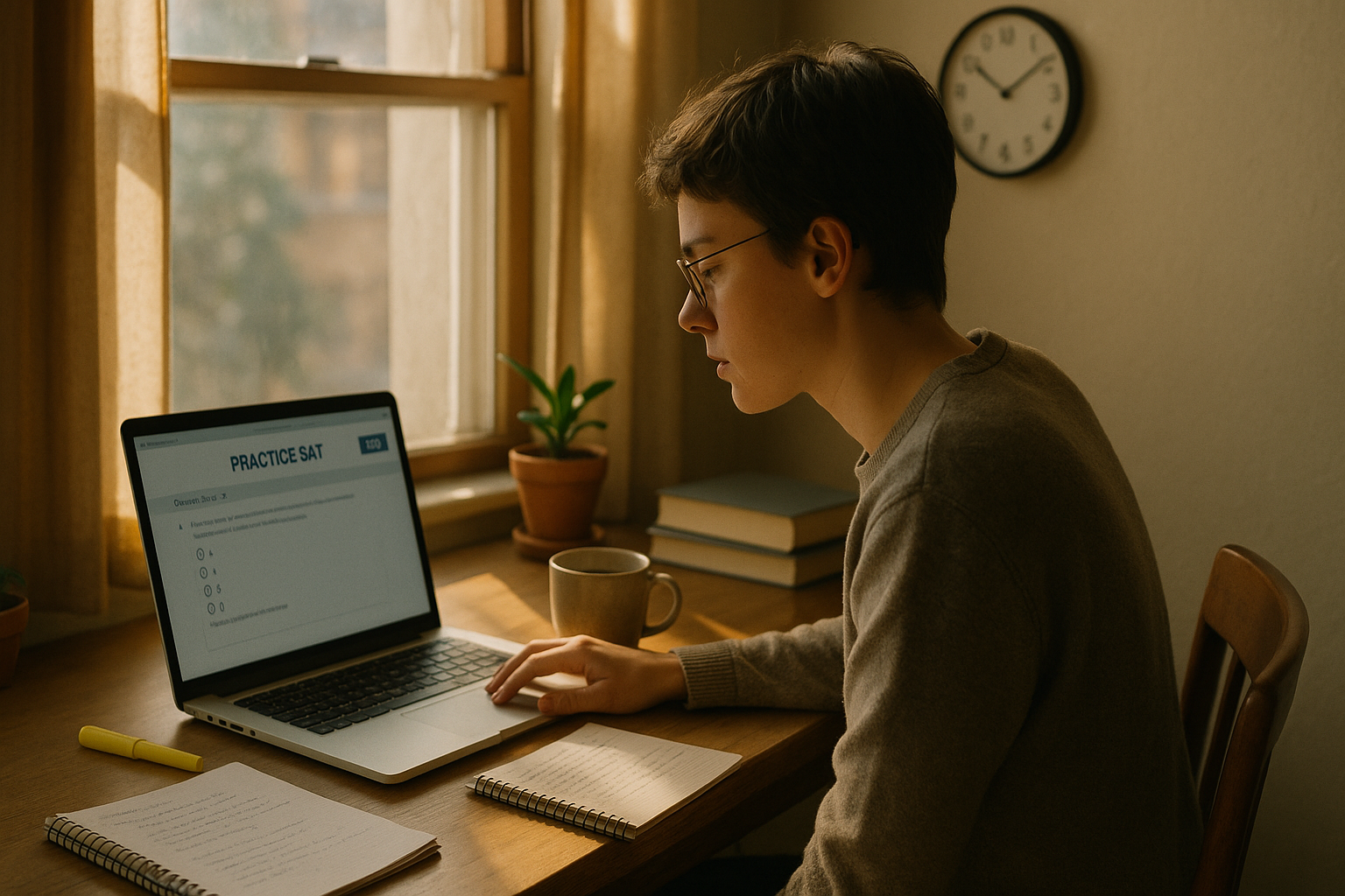 Photo Idea : A focused student at a cozy desk, laptop open to a digital practice SAT, highlighter and notebook nearby — morning light and a cup of coffee/tea in frame.