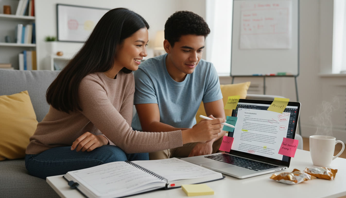 Photo Idea : A tutor and student reviewing a marked rhetorical analysis essay on a laptop, with sticky notes and a study plan visible—conveys personalized coaching and targeted improvement.