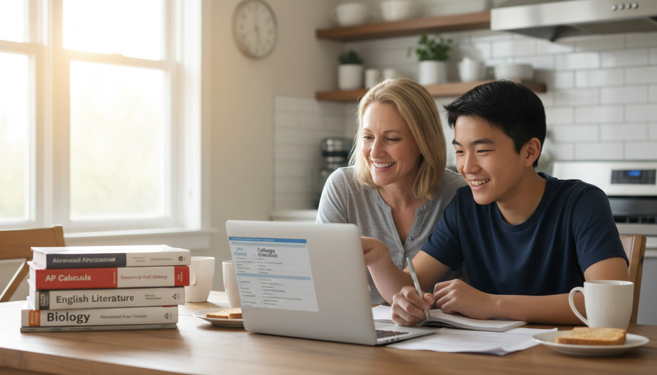 Photo Idea : A warm, candid photo of a parent and teen at the kitchen table surrounded by AP textbooks and a laptop, looking at a college major checklist. The mood is supportive, collaborative, and hopeful.