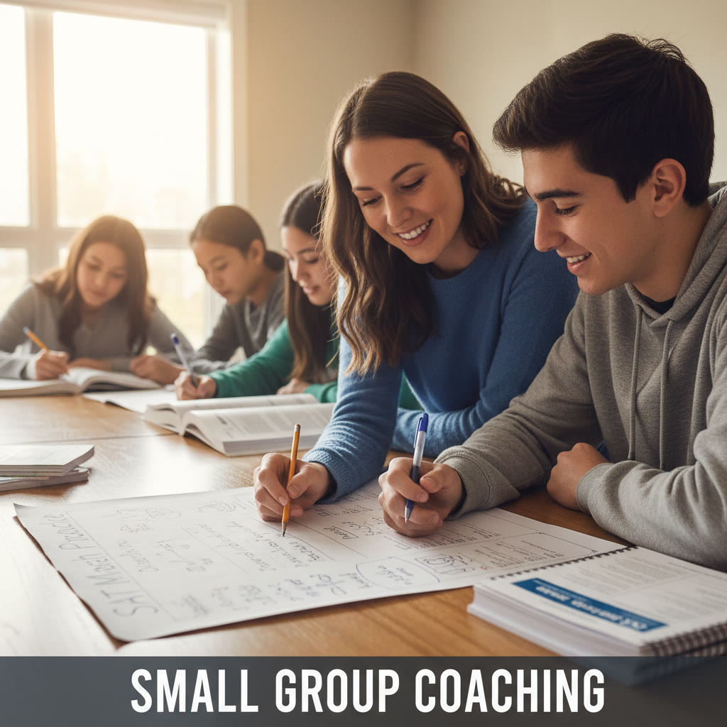 Small group session with a tutor guiding a student through a math problem on paper: illustrates 1-on-1 guidance and tailored coaching.