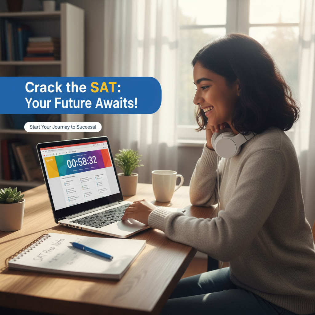 Student at a desk, laptop open to a practice test dashboard with a timer visible; natural light, notebook and pen nearby.