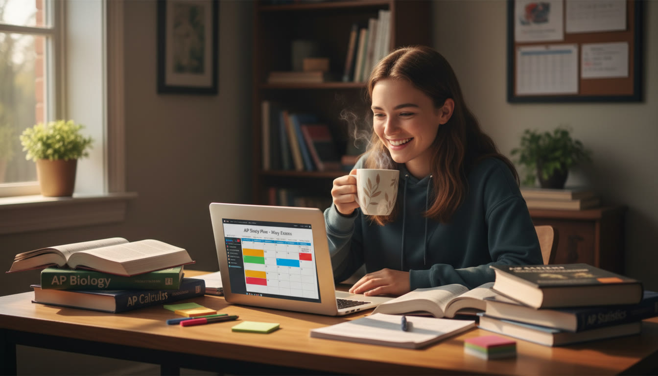Photo Idea : A high school student at a desk surrounded by open AP textbooks (Bio, Chem, Calc, Stats) with a laptop showing a study plan; warm natural light and a coffee mug add a human, focused atmosphere.