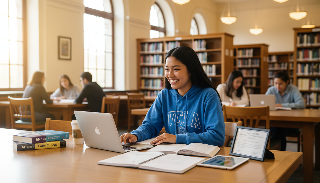 Photo Idea : An uplifting image of a student at a college campus library working on a laptop with notebooks around, symbolizing the payoff of early college credit and readiness.