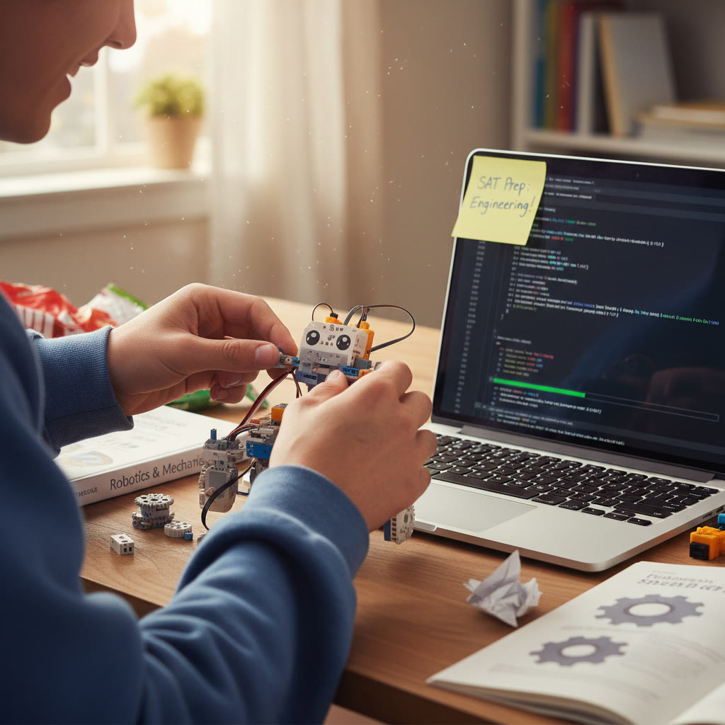 Photo Idea : A close-up of a student's hands assembling a small robotics kit on a desk, laptop open to code, showing the hands-on side of an engineering application.