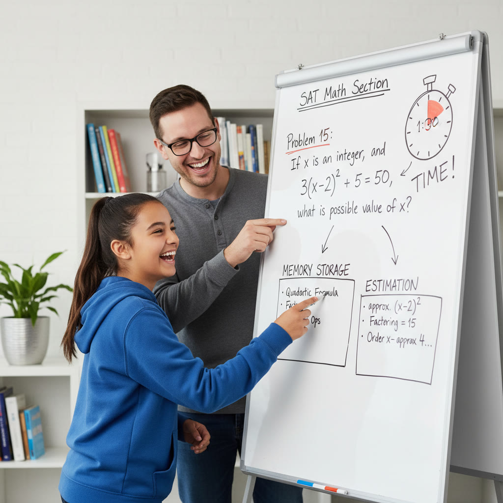 An image idea showing a whiteboard with a student and tutor working through a timed SAT Math problem, highlighting memory storage and estimation techniques.