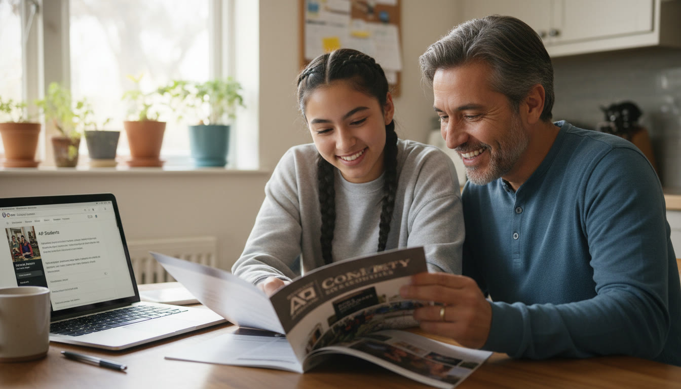Photo Idea : A warm, candid photo of a high school student and a parent looking over a college brochure at a kitchen table, a laptop open with a College Board page visible captures teamwork and first-gen determination.