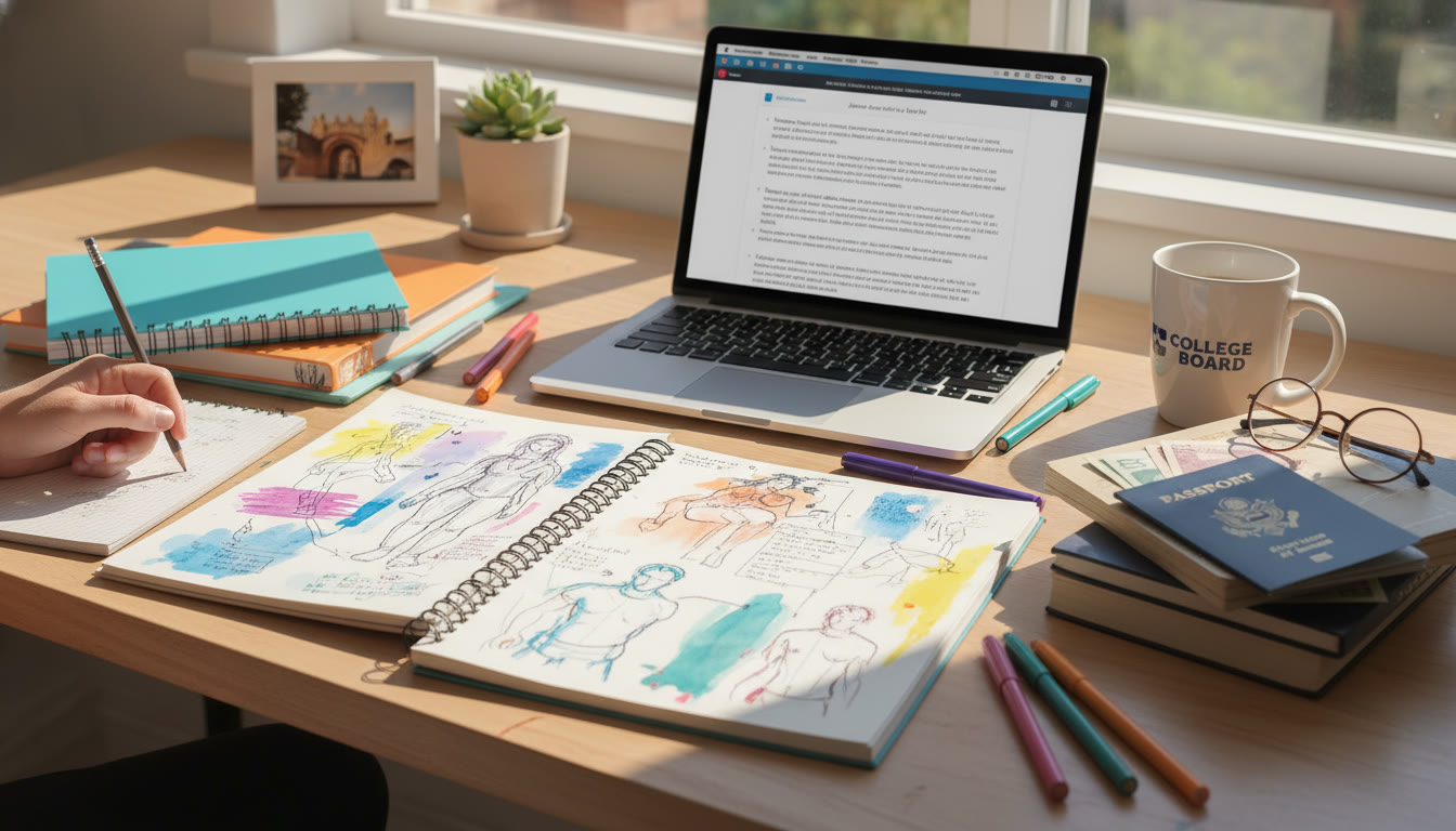 Photo Idea : A vibrant photo of a student portfolio spread across a desk — notebooks with handwritten annotations, a sketchbook, a laptop open to an essay draft, and a passport peeking out — to visually link AP arts/humanities work with study-abroad aspirations.