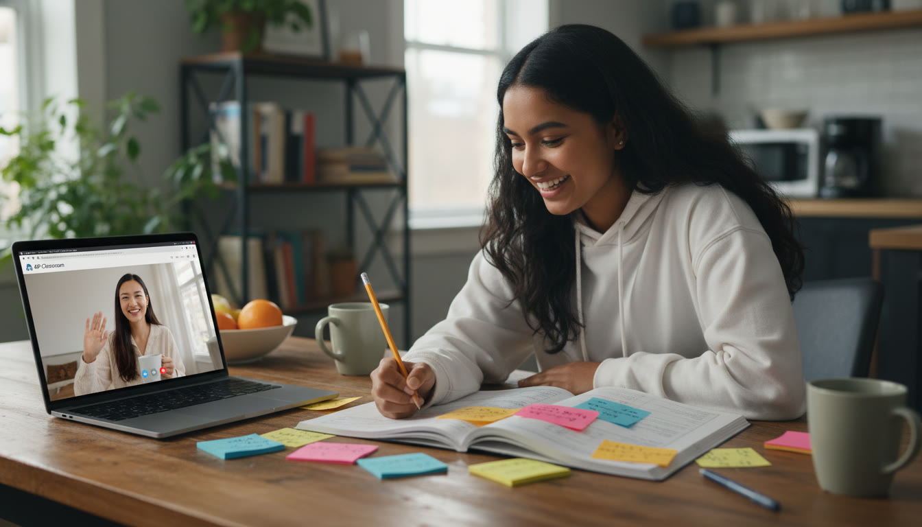 Photo Idea : A cozy study scene: a student poring over a practice AP exam at a kitchen table with sticky notes, a laptop open to a digital AP Classroom lesson, and a parent and tutor on a video call in the background. The image suggests teamwork and modern blended study approaches.