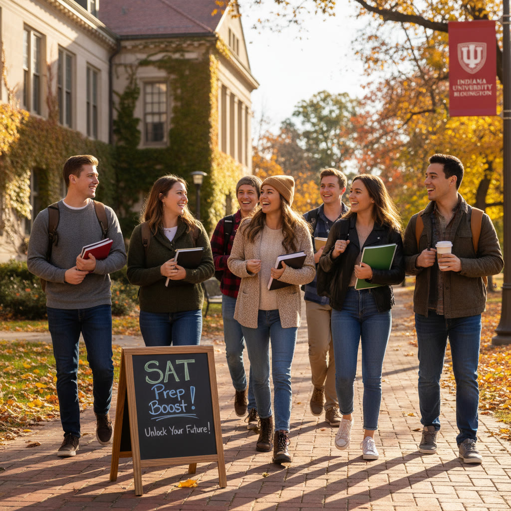 Photo Idea : A bright, candid shot of students walking near a recognizable Indiana University Bloomington building in autumn—caps and backpacks, smiling, a sense of movement and possibility.