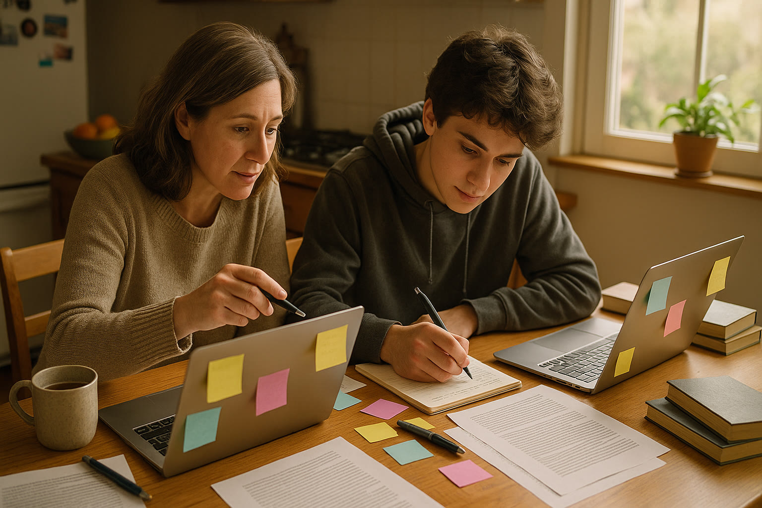 Photo Idea : A parent and teen at a kitchen table, laptops open, sticky notes, and a warm drink — collaborating on a college essay draft.