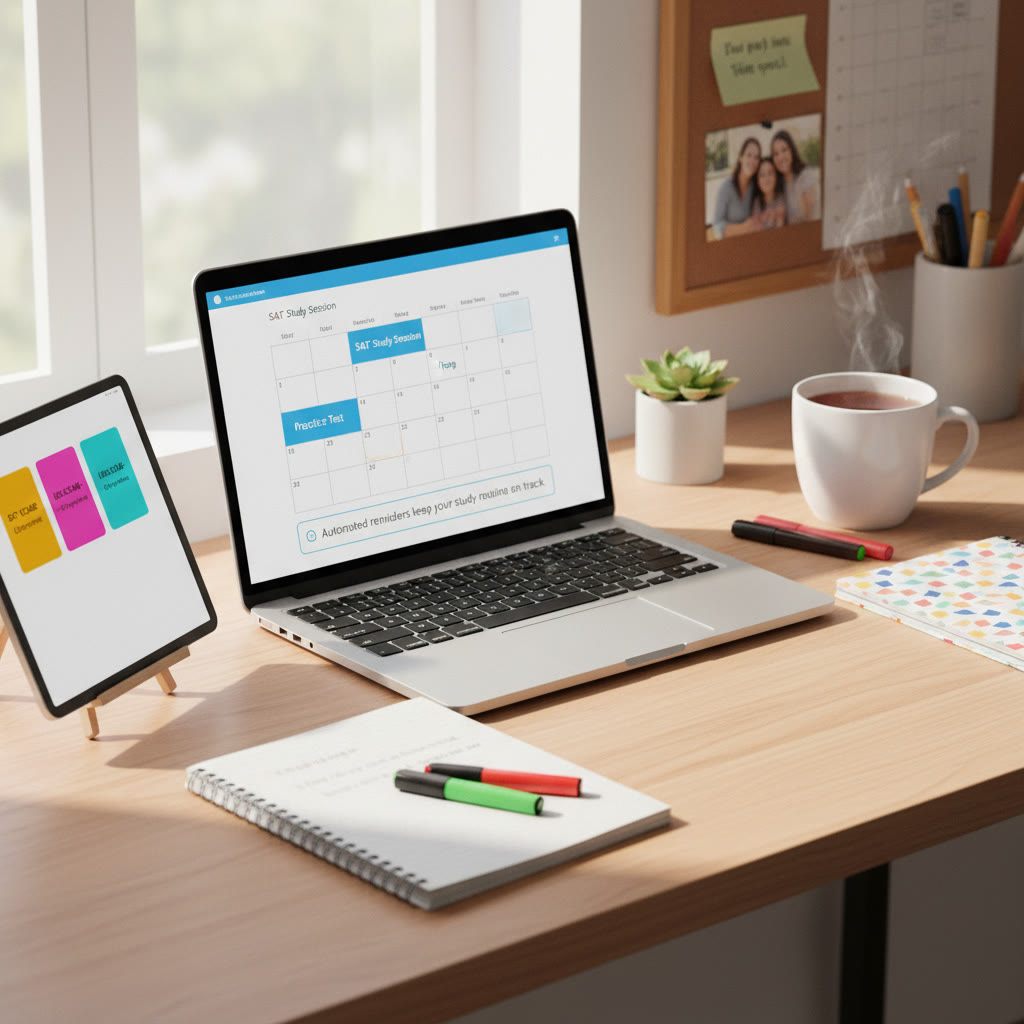 Photo idea: A student’s study desk neatly arranged with a laptop showing a calendar, a notebook, and a tablet with flashcards—caption: 