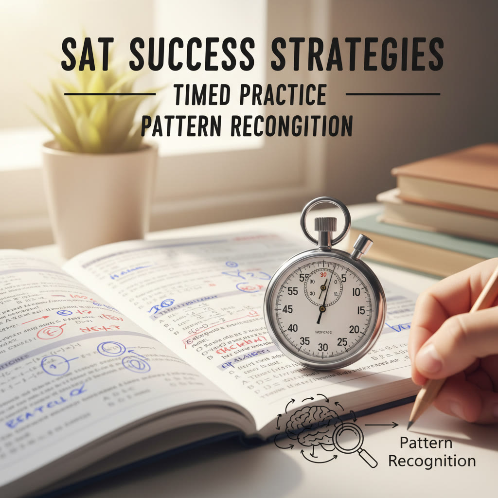 Illustration of a student’s test notebook showing quick annotation marks and a stopwatch to convey timed practice and pattern recognition.