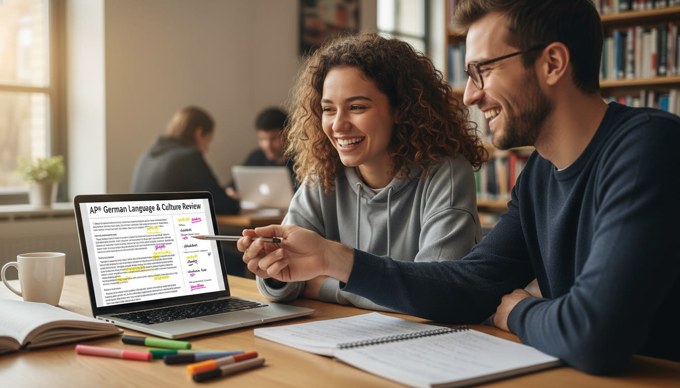 Photo Idea : A student and tutor working together over a laptop with German notes and highlighted connectors on the screen — conveys personalized tutoring and focused practice.