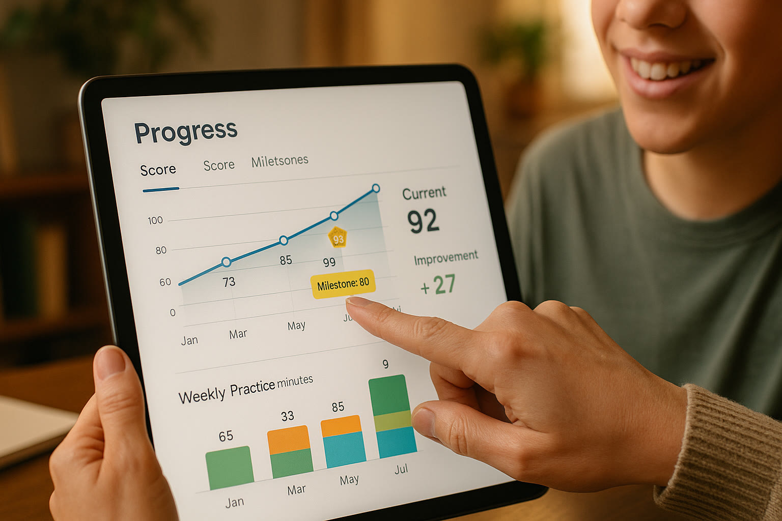 Photo Idea : Close-up of a progress tracker on a tablet showing score improvements over time with colorful charts; a parent points to a milestone while the student smiles.