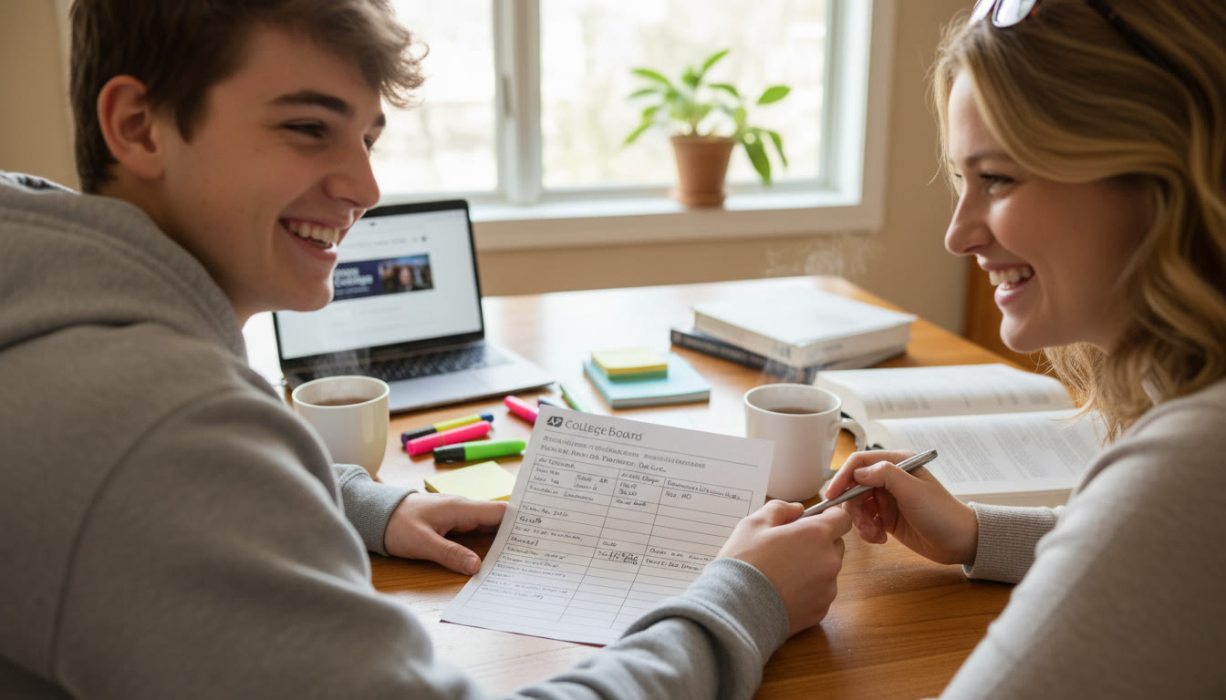 Photo Idea : An over-the-shoulder photo of a parent and teen filling out the planning table together at the kitchen table—friendly, collaborative, and focused on action steps.