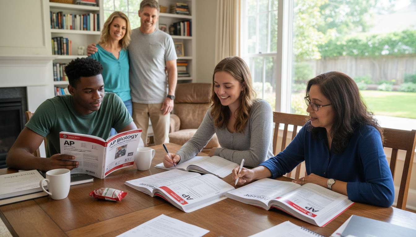 Photo Idea : A student in a small study group with a tutor, working through an AP practice exam while a parent looks on supportively—reflecting guided, focused preparation.