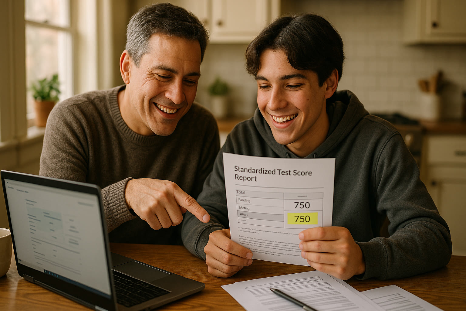 Photo Idea : A parent and teen sitting at a kitchen table, looking at a laptop and a printed SAT score report together, smiling and discussing a highlighted section score.