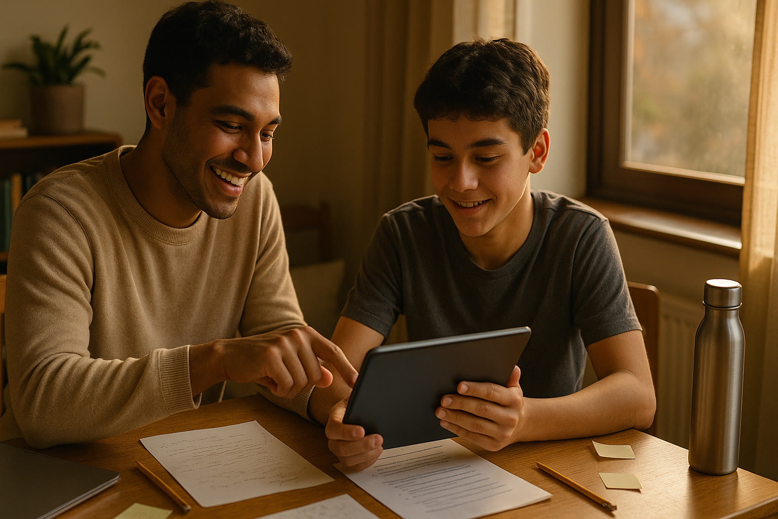 Photo Idea : A smiling tutor and student reviewing practice questions on a tablet in a quiet study nook, with a friendly, encouraging atmosphere — late afternoon light, notes and a water bottle nearby.