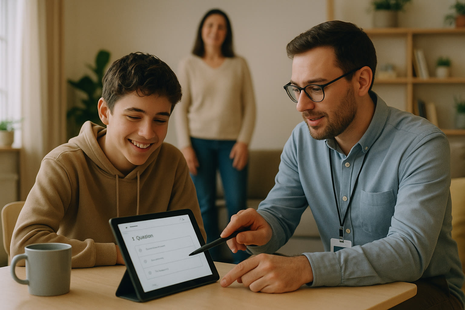 Photo Idea : A calm tutoring session with a teen and a Sparkl tutor (or tutor-like figure) working over a tablet showing practice questions; the teen looks engaged and the parent watches from a respectful distance, smiling.