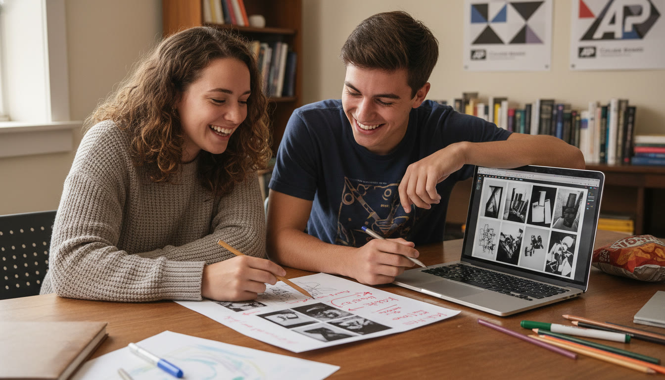 Photo Idea : A tutor and a student reviewing a printed portfolio page side-by-side — highlights collaborative feedback and revision.
