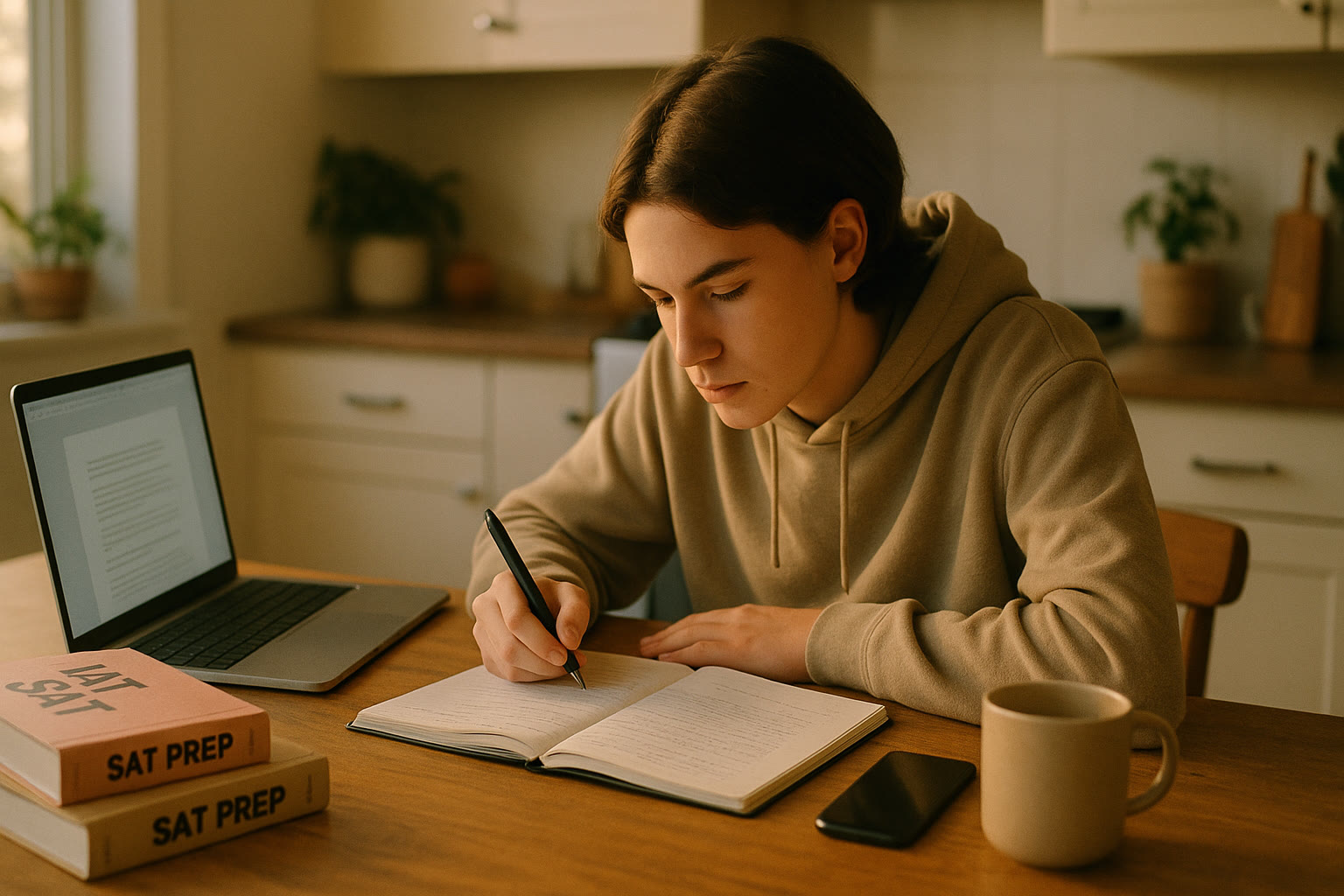 Photo Idea : A focused high school student studying at a kitchen table with a laptop and SAT prep books, natural light, calm morning vibe.
