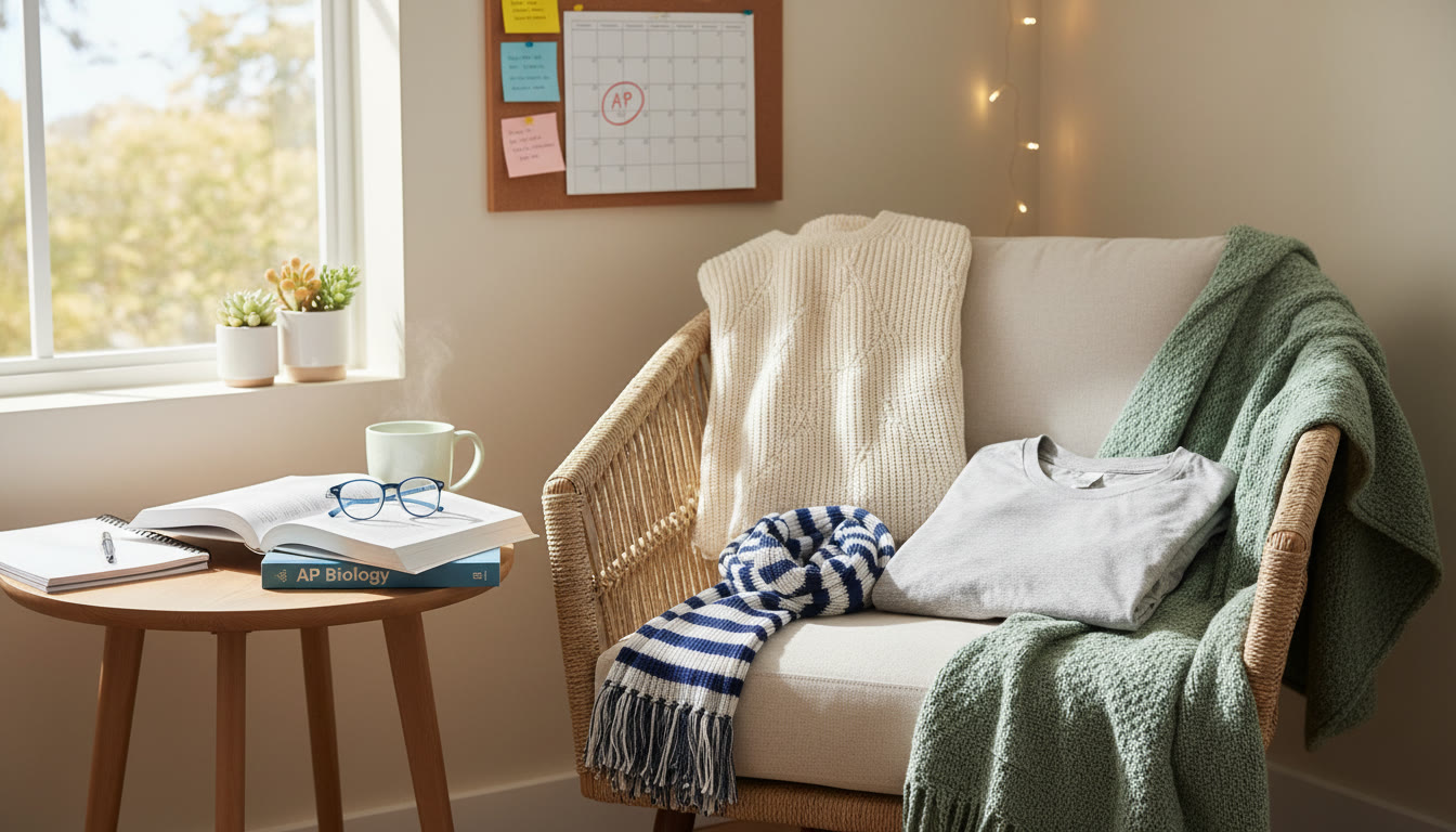 Photo Idea : A cozy, well-lit study nook with layered clothing options (light sweater, scarf, and breathable tee) folded on the chair — conveys preparedness and calm.