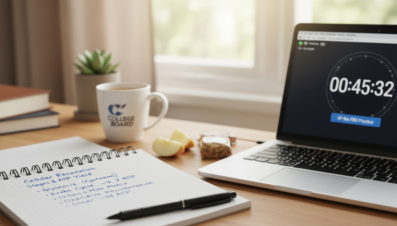 Photo Idea : A close-up of a notebook with a concise FRQ outline, a pen, and a laptop showing a study timer—conveys focused, strategic practice in action. Place this in the article where study strategies and final-week checklist are discussed to reinforce practical habits.