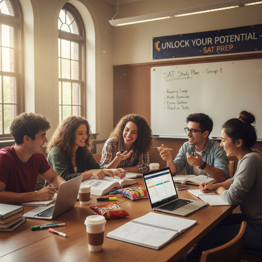 Group study scene in a bright library: students discussing strategies around a table, with notebooks and laptops visible—captures collaborative learning and study planning.