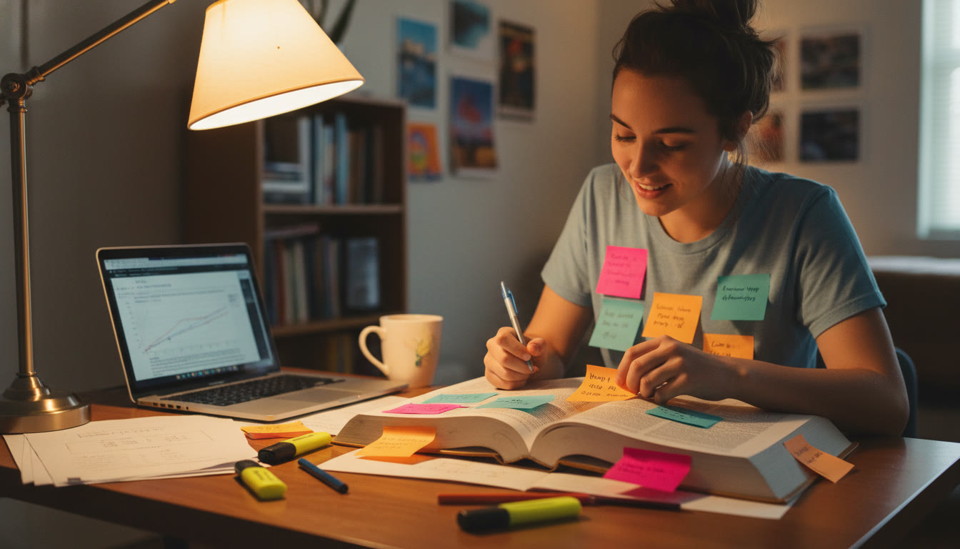 Photo Idea : A student at a desk under soft lamp light, textbook open, annotating a historical source with brightly colored sticky notes—captures focused analysis and study atmosphere.