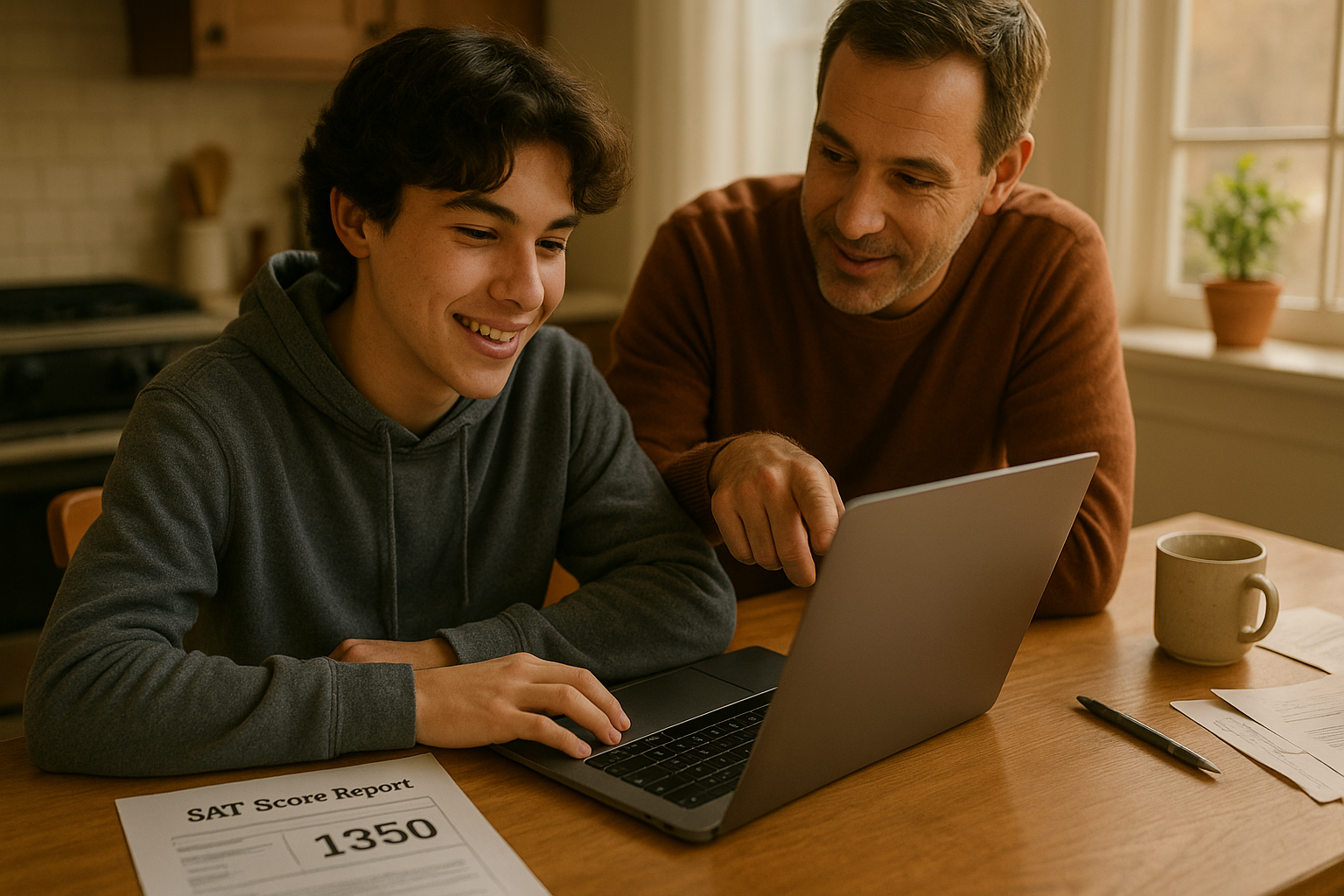 Photo Idea : A relaxed student at a kitchen table with a laptop, a printed SAT score report, and a parent pointing at items on the screen — natural light, warm tones.