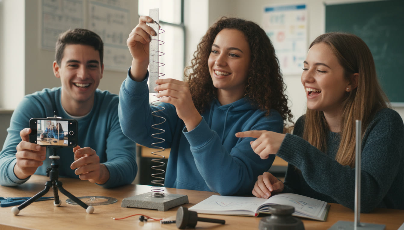 Photo Idea : A mid-article action shot of a student adjusting a spring with a ruler aligned to the spring’s top, a smartphone on a tripod recording video for motion analysis — bright, engaged, collaborative vibe.