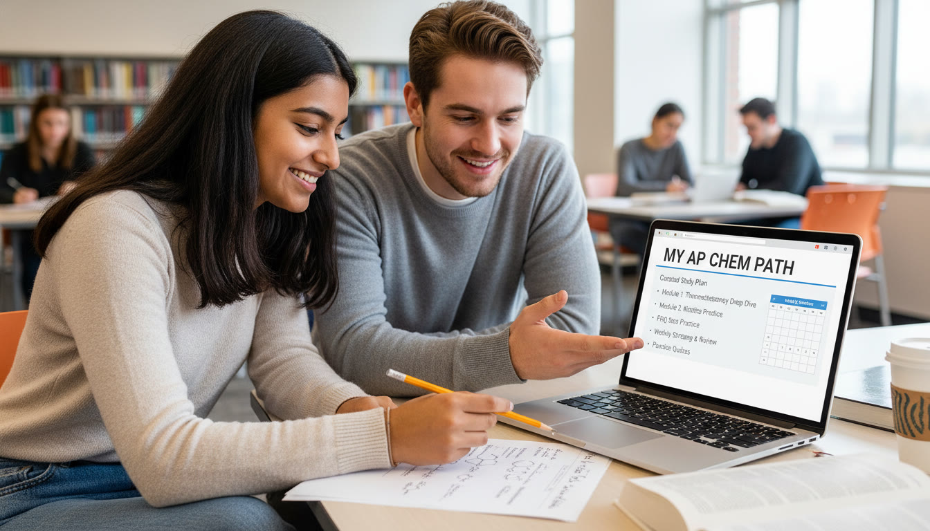 Photo Idea : Close‑up of a student and tutor working through an AP Chemistry free‑response question, with a laptop showing a curated study plan from a tutoring platform. This emphasizes the human element of personalized tutoring.