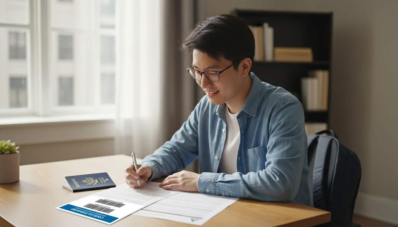 Photo Idea : A calm student seated at a desk, passport, AP ID label sheet, and registration printout neatly arranged—natural light, focused expression.