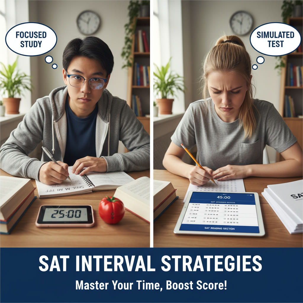 Split-screen concept: one side shows a focused student in a 25-minute Pomodoro, the other shows a student on a 45-minute simulated test section to illustrate different interval strategies.