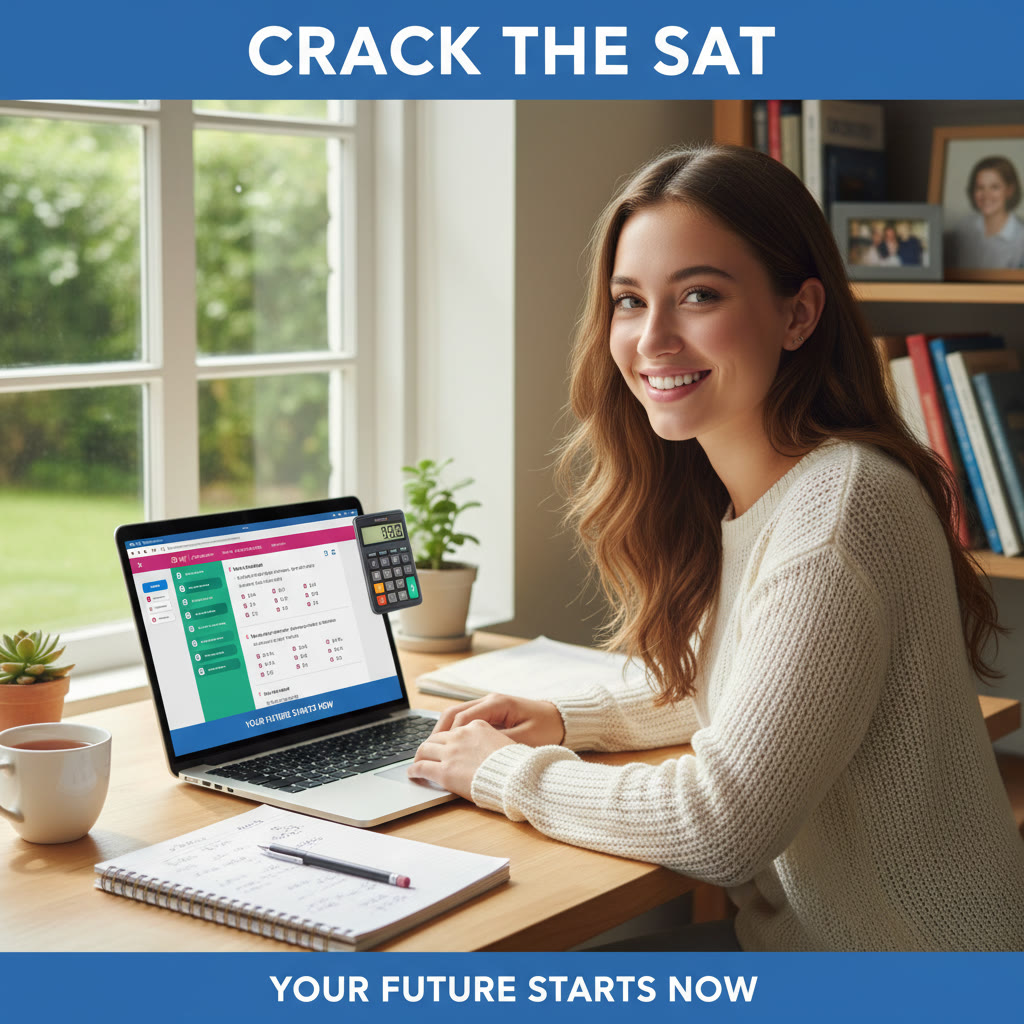 Photo idea: A calm study space with a student practicing the SAT on a laptop, notebook beside them, showing on-screen math and a calculator widget visible.