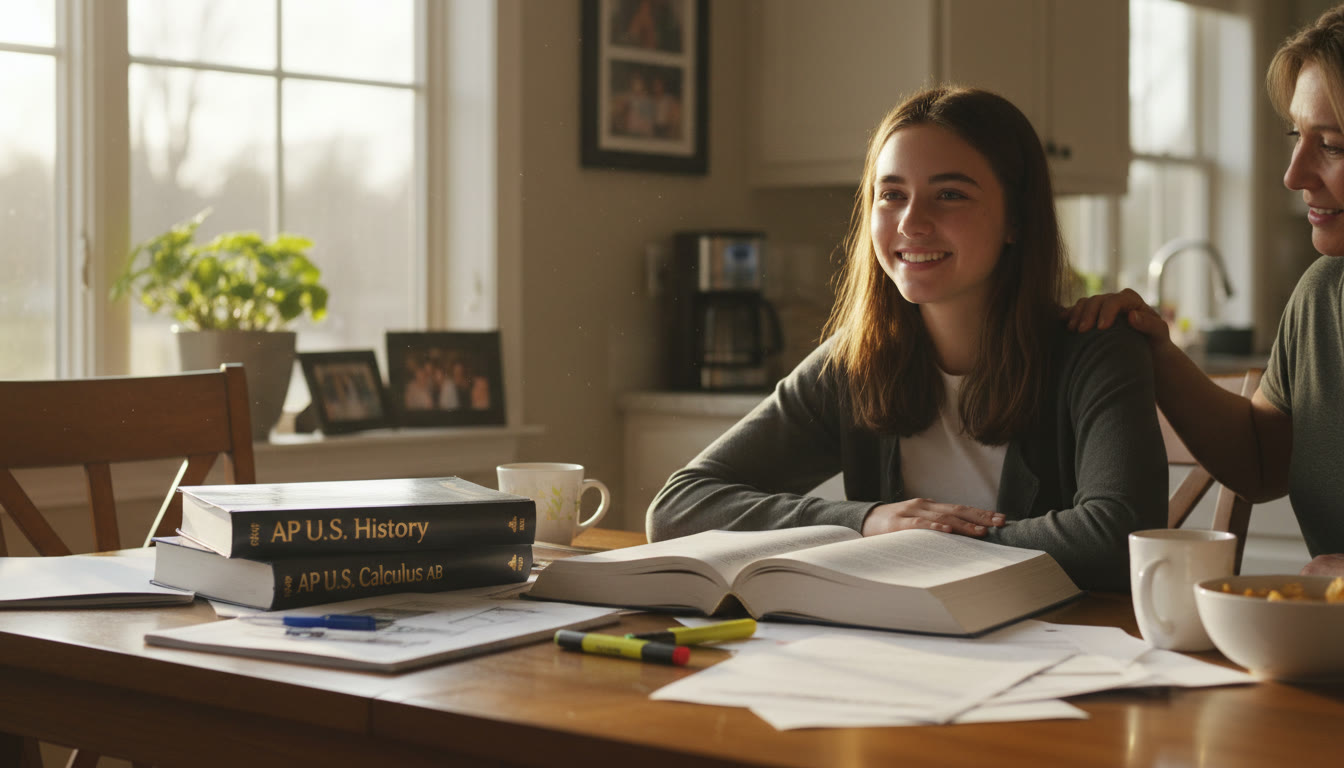 Photo Idea : A warm, candid photo of a high school student studying at a kitchen table with open textbooks and a parent offering a reassuring hand—captures partnership and calm preparation.
